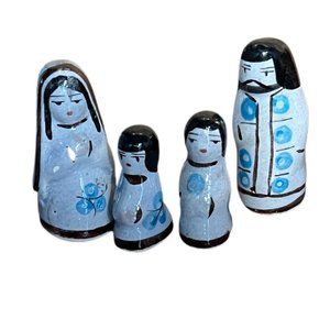 Vtg Miniature Mexican Pottery Nativity Scene Tonala Style Blue Religious 4 Piece